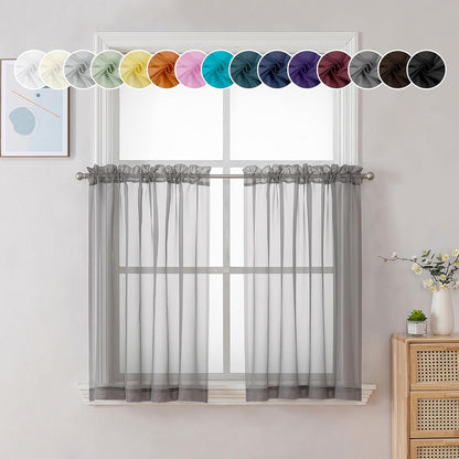 Chyhomenyc Sheer White Valances for Windows 2 Pack, Small Window Curtains for Living Room Bathroom Cafe Laundry Basement, Modern Top Dual Rod Pocket Voile Curtain, 42W x 14L inches, White - Colors C