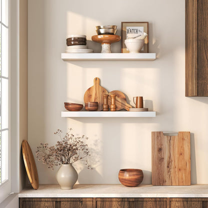 Floating Shelves 36 Inches Long - 8 Inch Deep Rustic Premium Solid Pine Wood for Storage - Farmhouse Wall Mounted for Living Room - Heavy-Duty Metal Bracket - 36" W x 8" D - Set of 2 - White Color