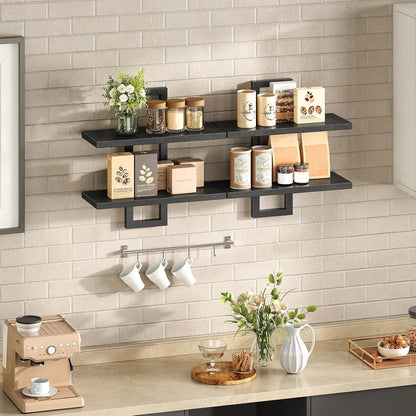 HOOBRO Floating Shelves, 15 Inch Wall Shelf Set of 2, Wall Mounted Storage Shelves 2-Tier, Hanging Bathroom Shelves, for Living Room, Bedroom, Bathroom, Kitchen, Rustic Brown and Black BF32BJ01G1