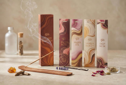 Incense Sticks Variety Pack with Wooden Holder | Nag Champa, Rose, Lavender, White Sage, Frankincense, Palo Santo & Sandalwood | Hand-Rolled Masala Incense