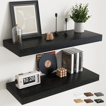 72 Inch Long Floating Shelves for Wall Set of 2, 12"D Wood Grain Bathroom Shelves with Invisible Brackets, Easy Install Engineered Wood Storage Shelves for Kitchen, Living Room, Bedroom, Black Finish