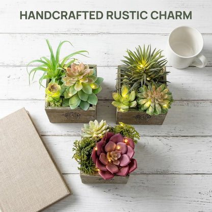 Succulent Plants Artificial, 3 Pack Small Fake Plants in Wood Pot for Home Decor, Farmhouse Artificial Plants Indoor for Living Room Bathroom Bedroom Office Kitchen Desk Wedding Coffee Table Decor
