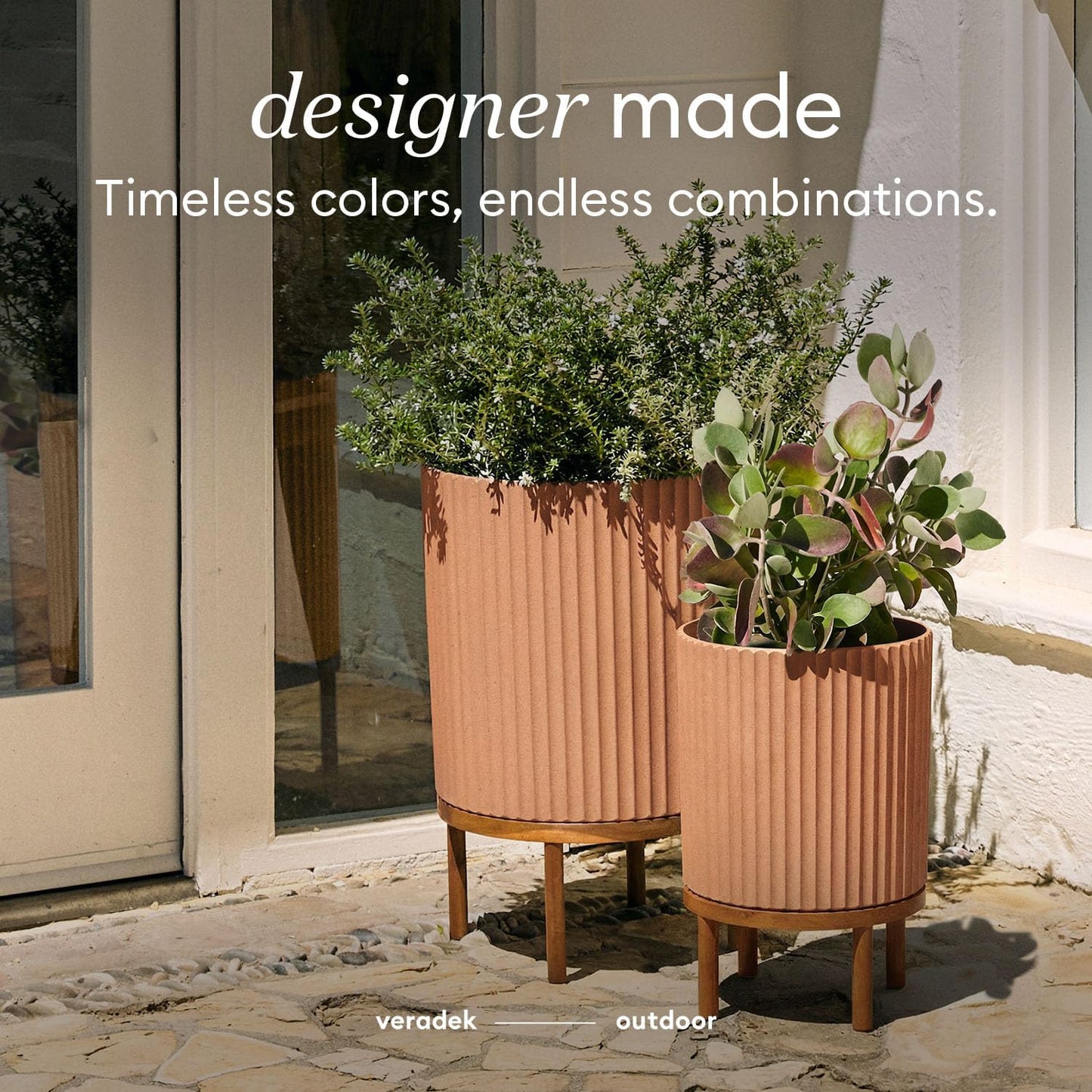 Veradek Demi Series Round Planter w/ Stand for Porch/Patio | Durable Plastic-Concrete & Wooden Stand | Modern Décor for Tall Plants, Flowers
