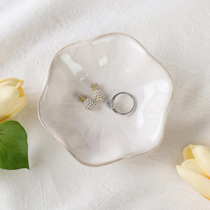 Pink Flower Ring Dish Holder,Jewelry Dish Tray,Small Trinket Tray,Jewelry Plate Bowl,Key Bowl,Decorative Plate,Mothers Day Birthday Gifts for Women Friends,Ceramic Kiln effect White