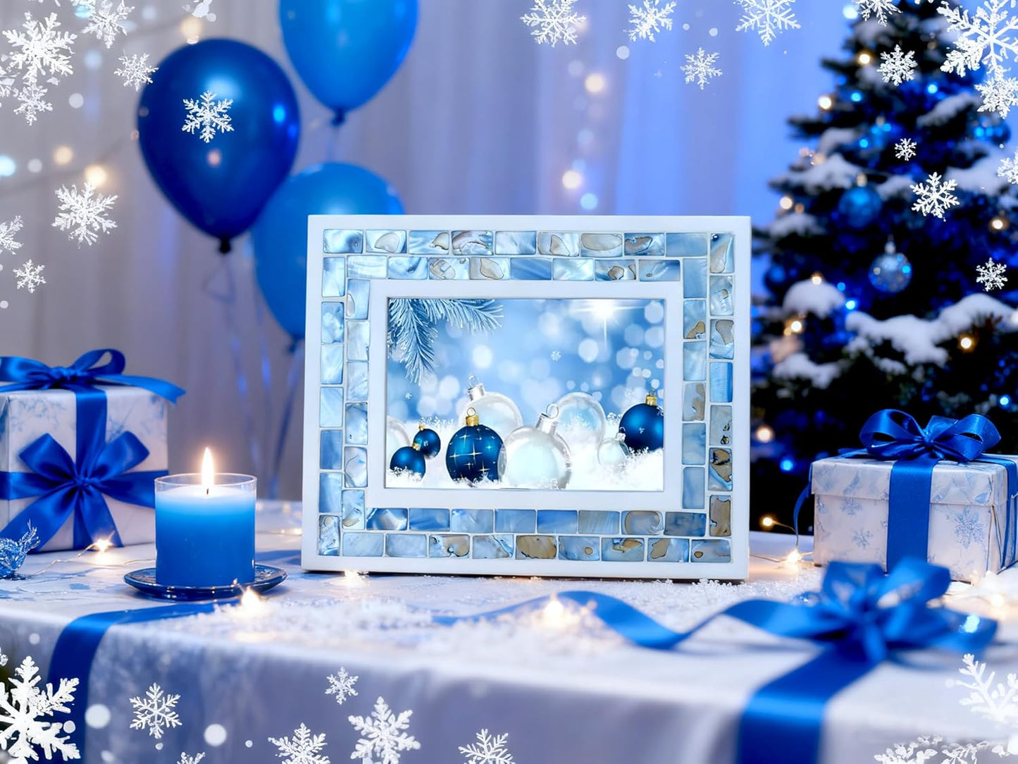 Silver Plate Picture Frame 5x7 Mother of Pearl 5 by 7 Photo Frame Mosaic Glass Tabletop Frame (Grey+ White,1pc)