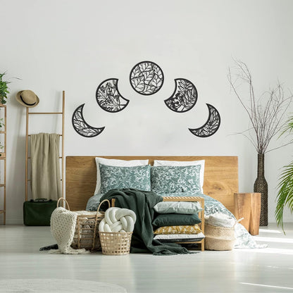Jetec 5 Pcs Moon Phase Wall Art Decor Wall Pediments Hanging Wooden Phase Spiritual Bedroom Nordic Boho Lunar Aesthetic Art for Living Room Dorm Apartment Ornament(Brown,10.6 Inch,Botanical)