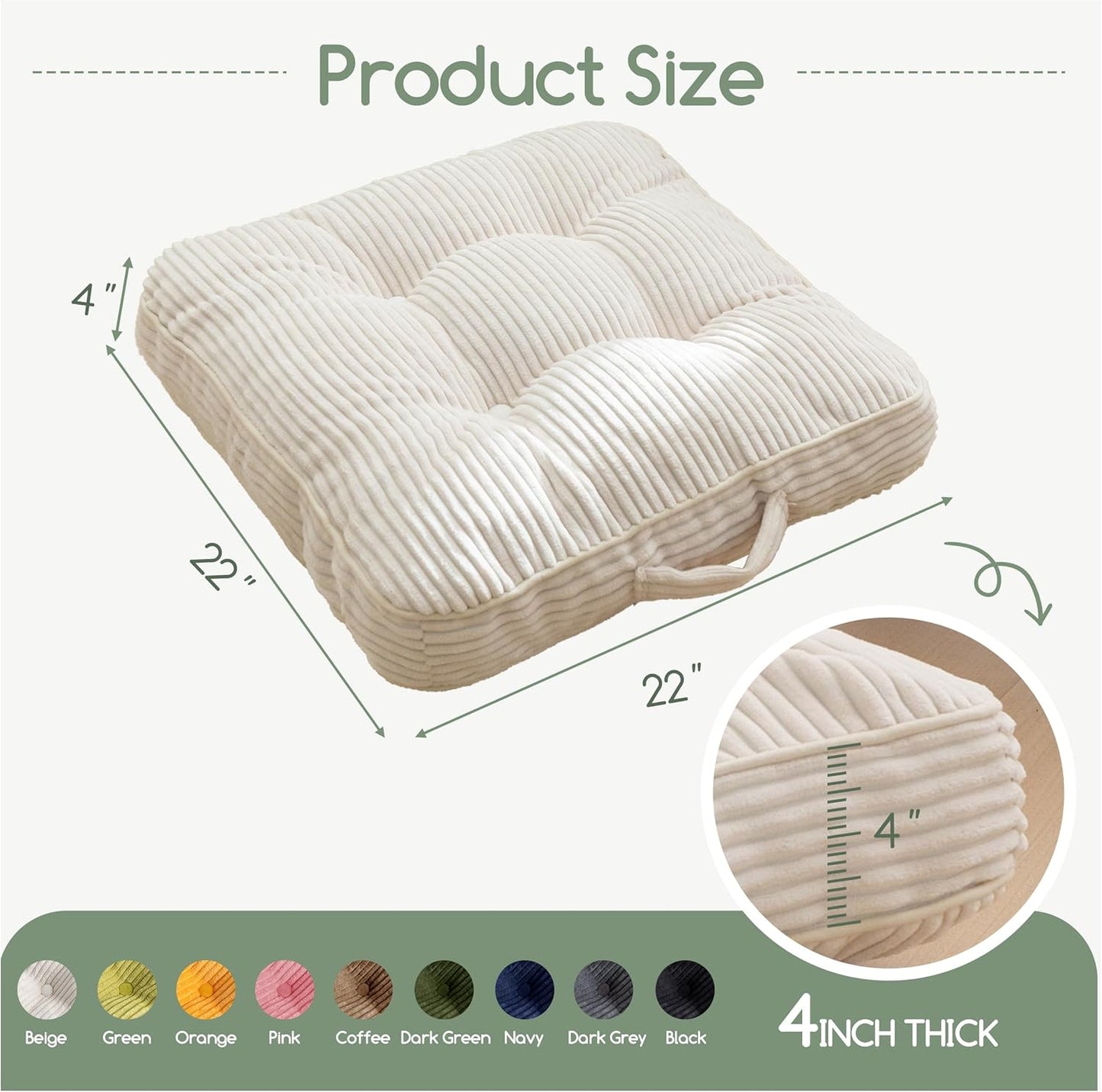 HIGOGOGO 6" Extra Thick Floor Pillow Cushion for Adults, Meditation Cushion Pillow, Large Square Floor Sitting, Tufted Corduroy Cover, for Tatami Living Room or Yoga, 22x22 Inch, 2Pack, Dark Grey