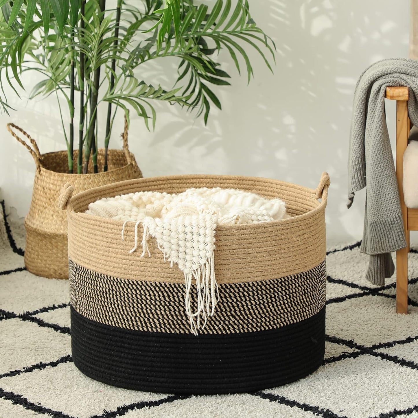 KAKAMAY Large Blanket Basket (20"x13"),Woven Baskets for storage Baby Laundry Hamper, Cotton Rope Blanket Basket for Living Room, Laundry, Nursery, Pillows, Baby Toy chest (White/Brown)