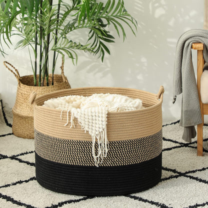 KAKAMAY Large Blanket Basket (20"x13"),Woven Baskets for storage Baby Laundry Hamper, Cotton Rope Blanket Basket for Living Room, Laundry, Nursery, Pillows, Baby Toy chest (White/Brown)