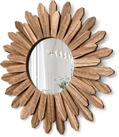 Honiway Wall Mirror Decorative 12 inch Rustic Wood Mirror Sunburst Boho Mirror for Entryway Bedroom Living Room Bathroom House Warming Gifts New Home Essential Carbonized Black