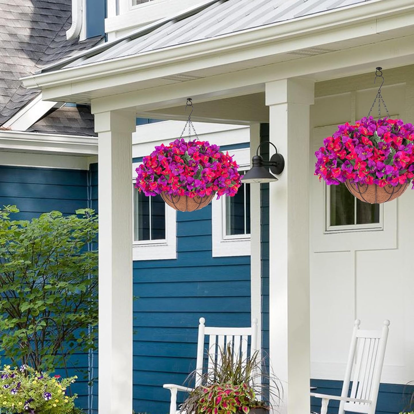 Artificial Hanging Flowers Faux Plants Basket for Outdoors Spring Summer Decor, Fake Silk Bougainvillea in Planter Outdoor Look Real UV Resistant Faux Flower for Outside Porch Patio Garden Home, White