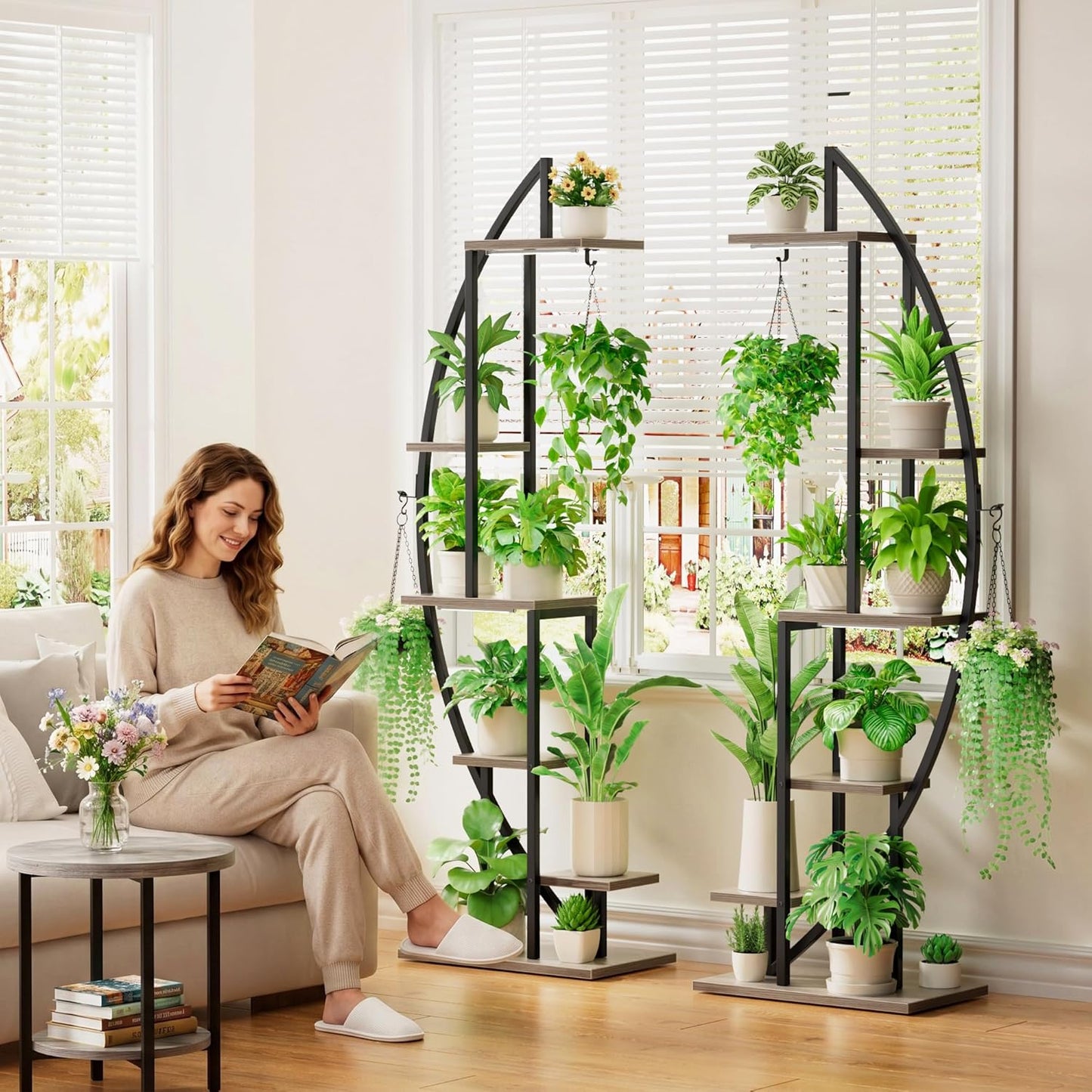 BACEKOLL Plant Stand Indoor with Grow Lights, 6 Tiered Tall Plant Shelf, 63" Metal Plant Stand for Indoor Plants Multiple, Half-Moon Plant Rack Display Shelf, 2 Pcs Plant Holder for Living Room, Patio