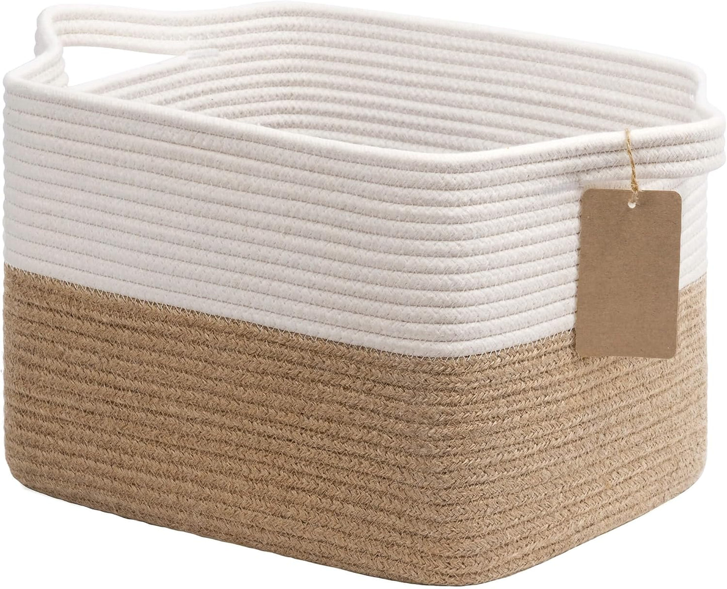 Goodpick Woven Storage Basket, Cotton Rope Basket for Dog Toys, Books, Stylish Gift Basket with Handles, 13 x 10 x 9 Inches Square Baskets for Organizing, Brown and White