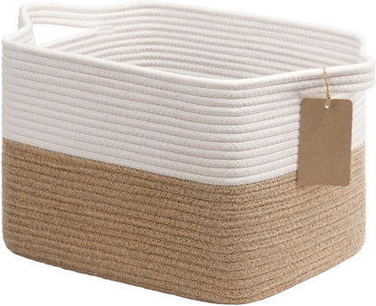 Goodpick Woven Storage Basket, Cotton Rope Basket for Dog Toys, Books, Stylish Gift Basket with Handles, 13 x 10 x 9 Inches Square Baskets for Organizing, Brown and White