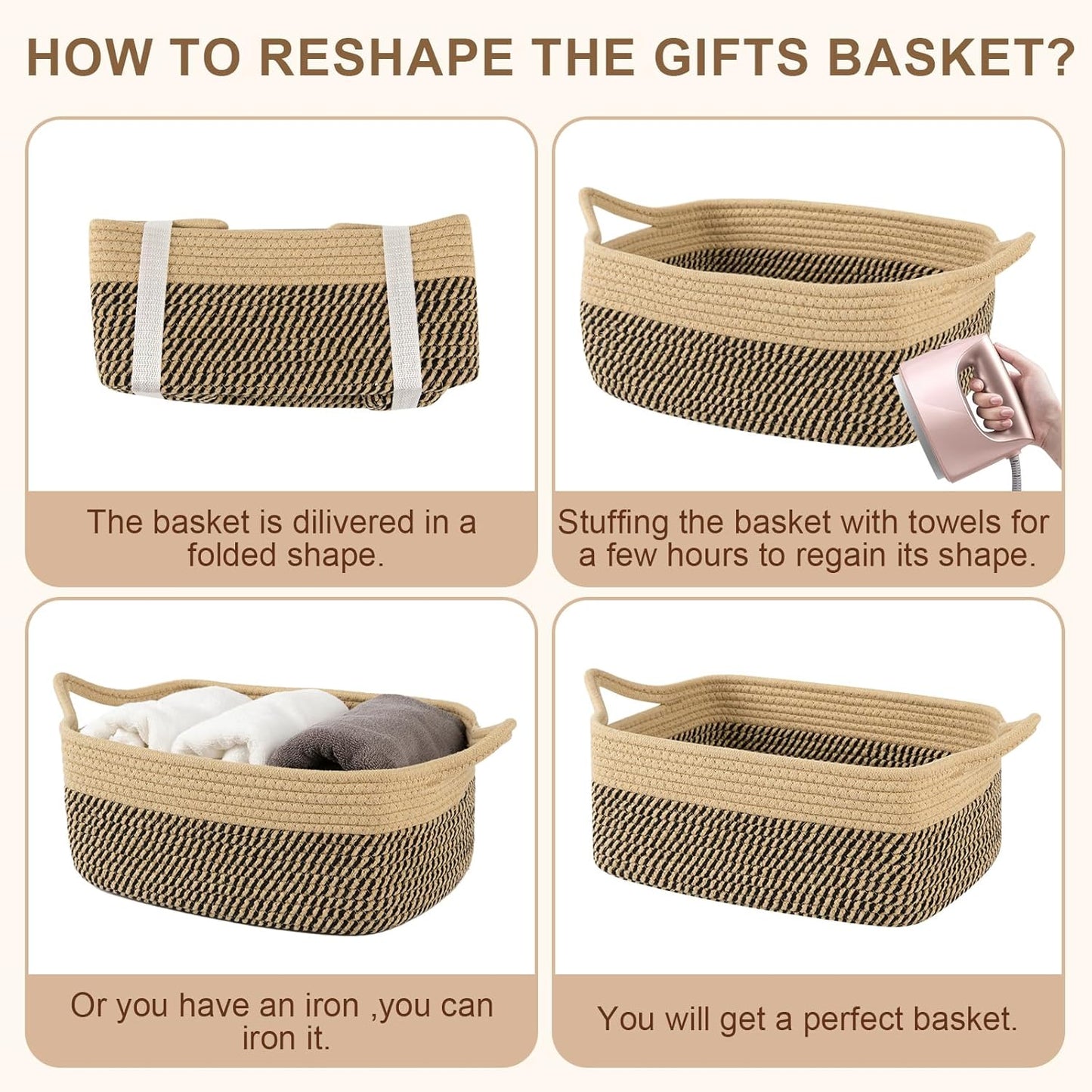OIAHOMY Woven Basket, Gift Basket Empty with Gift Bags and Ribbons, Rope Baskets for Baby Showers, Storage Baskets with Handles for Nursery, Pet Toy Organizer - White