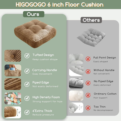 HIGOGOGO 6" Extra Thick Floor Pillow Cushion for Adults, Meditation Cushion Pillow, Large Square Floor Sitting, Tufted Corduroy Cover, for Tatami Living Room or Yoga, 22x22 Inch, 2Pack, Dark Grey