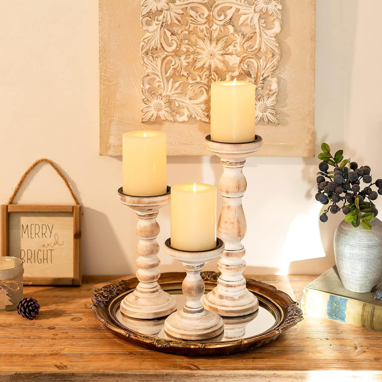 Wood Pillar Candle Holder: 3Pcs Rustic White Candle Holders for Pillar Candles Wood Candle Holders Distressed Wooden Farmhouse Candle Holder Large Rustic Candle Holder for Fireplace Table