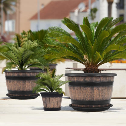 Quarut 3 Pack 10 inch Plant Pots,Whiskey Barrel Planters with Drainage Holes & Saucer, Plastic Decoration Flower Pots Imitation Wine Barrel Design, for Indoor & Outdoor Garden Home Plants (Brown)