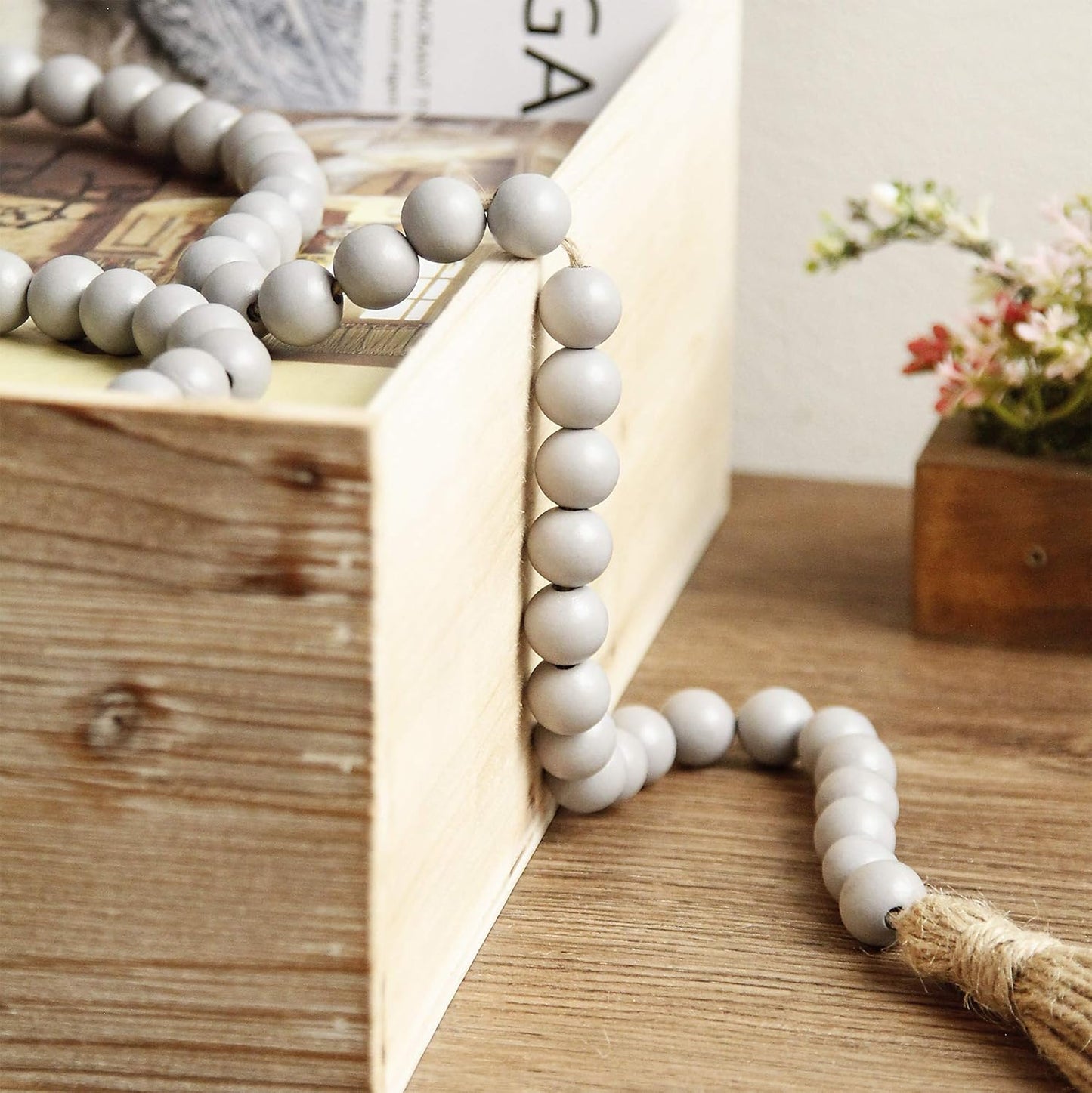 58in Wood Bead Garland with Tassels, Farmhouse Rustic Country Decor Prayer Boho Wall Hanging Decoration (Nature)