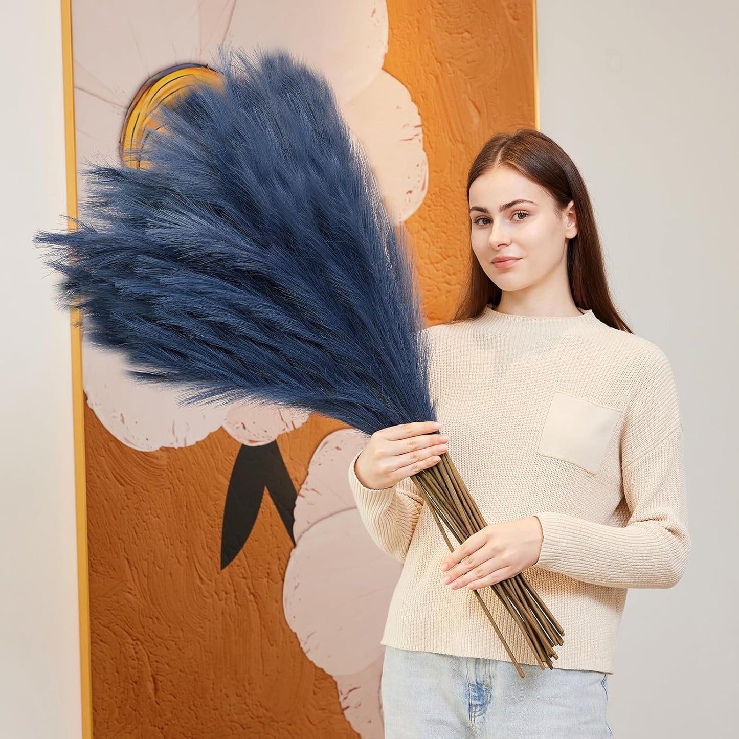 10 Pcs 39''/3.2FT Faux Pampas Grass Decor, Large Tall Fluffy Artificial Fake Flower, Bedroom Decor Boho Decor Pompas Floral for Vase Filler Farmhouse Home Wedding Decor (Blue)
