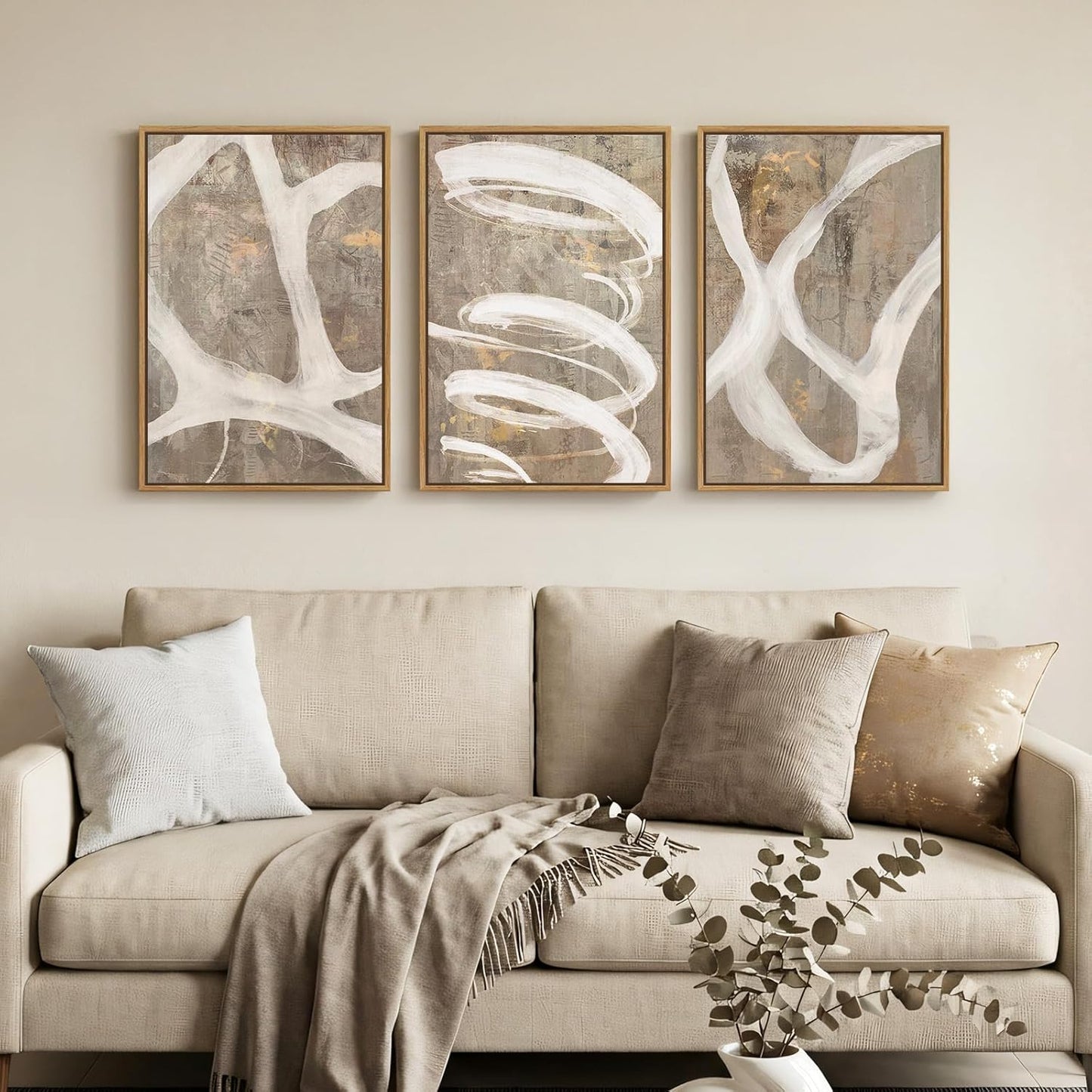 Large Framed Neutral Abstract Wall Art for Living Room, 3 Piece Modern Canvas Prints Paintings Artwork for Walls, Black and Beige Pictures for Living Room Hallway Stair Office Wall Decor 24x36 Inch