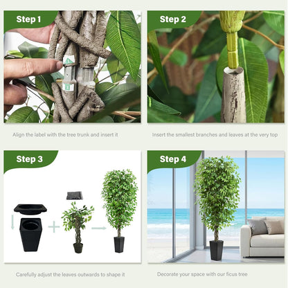 Artificial Ficus Tree 6FT Faux Plants Indoor Tall Fake Plants with White Planter, Green Lifelike Lush Fake Ficus Tree for Home Living Room Bedroom Outdoor Balcony House Office Decor