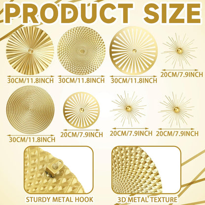 8 Pcs Gold Wall Decor Modern Metal Decor Metal Starbursts Radial Plate Art Hanging Decorative Wall Decorations for Home Bedroom Bathroom Living Room Office Sculpture(Gold)