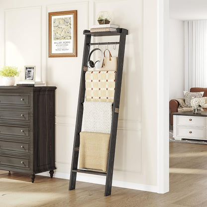 Hzuaneri Blanket Ladder Shelf, Decorative Quilt Rack, 6-Tier Farmhouse Ladder Holder Organizer with 4 Removable Hooks 7.9" D x 17.3" W x 63.4" H, Rustic Brown BR35801B