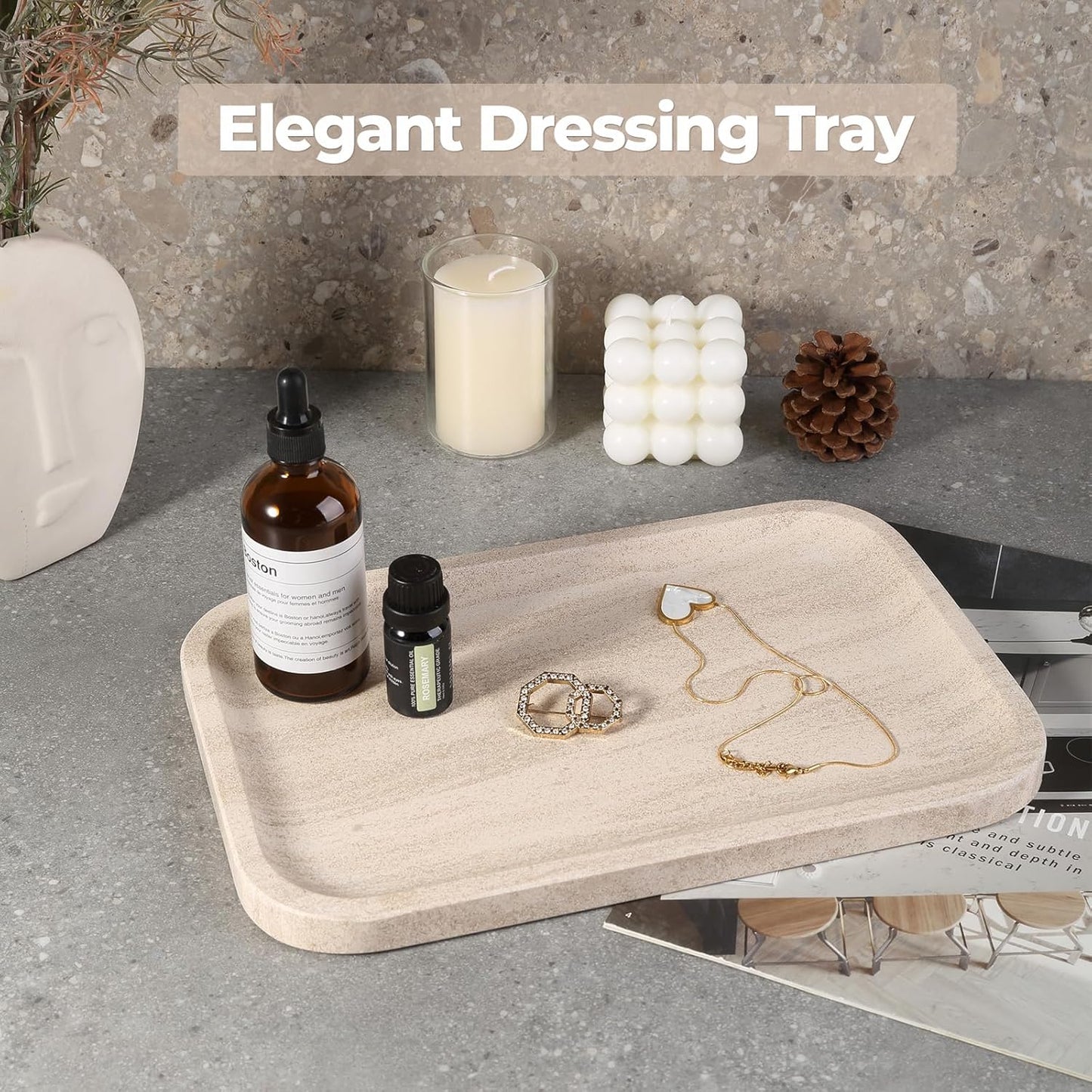 Marble Vanity Tray for Dresser Organizer, Travertine Bathroom Tray Countertop, Beige Decorative Serving Trays, Kitchen Sink Storage, Jewelry & Perfume Holder(Travertino Romano)