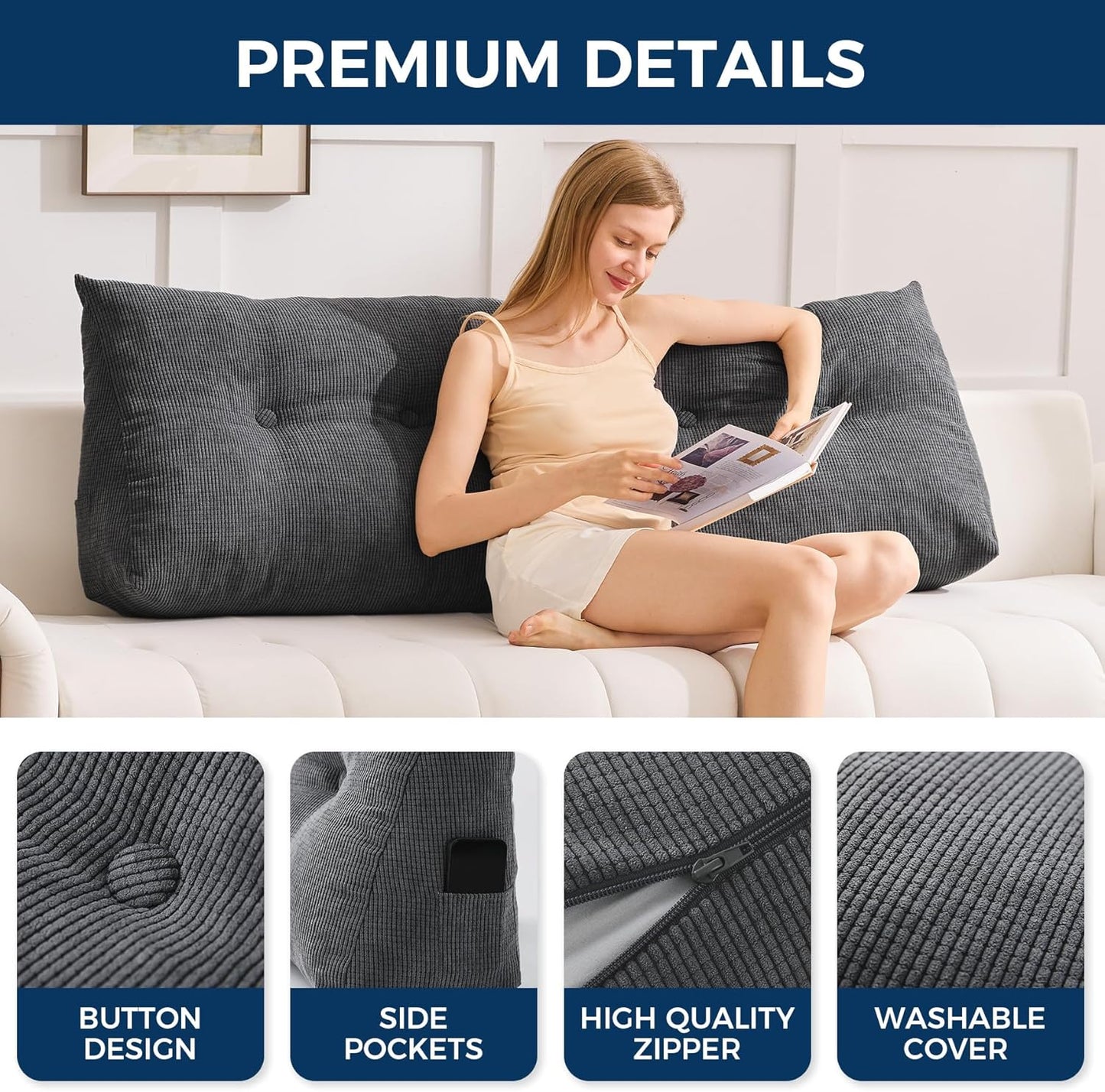 IASEAHK Headboard Pillow Queen, Triangle Pillows for Headboard, Head Board Backrest Wedge Pillow for Reading Sitting Working, Daybed Pillows with Removable Cover for Bed Dorm Sofa, Dark Grey