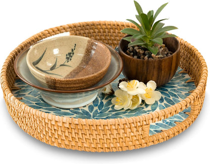 KOLWOVEN Round Rattan Tray with Handle, Rattan Serving Tray with Mother of Pearl Inlay Wooden Base, Decorative Wicker Basket for Table Decor (Blue Leaves)