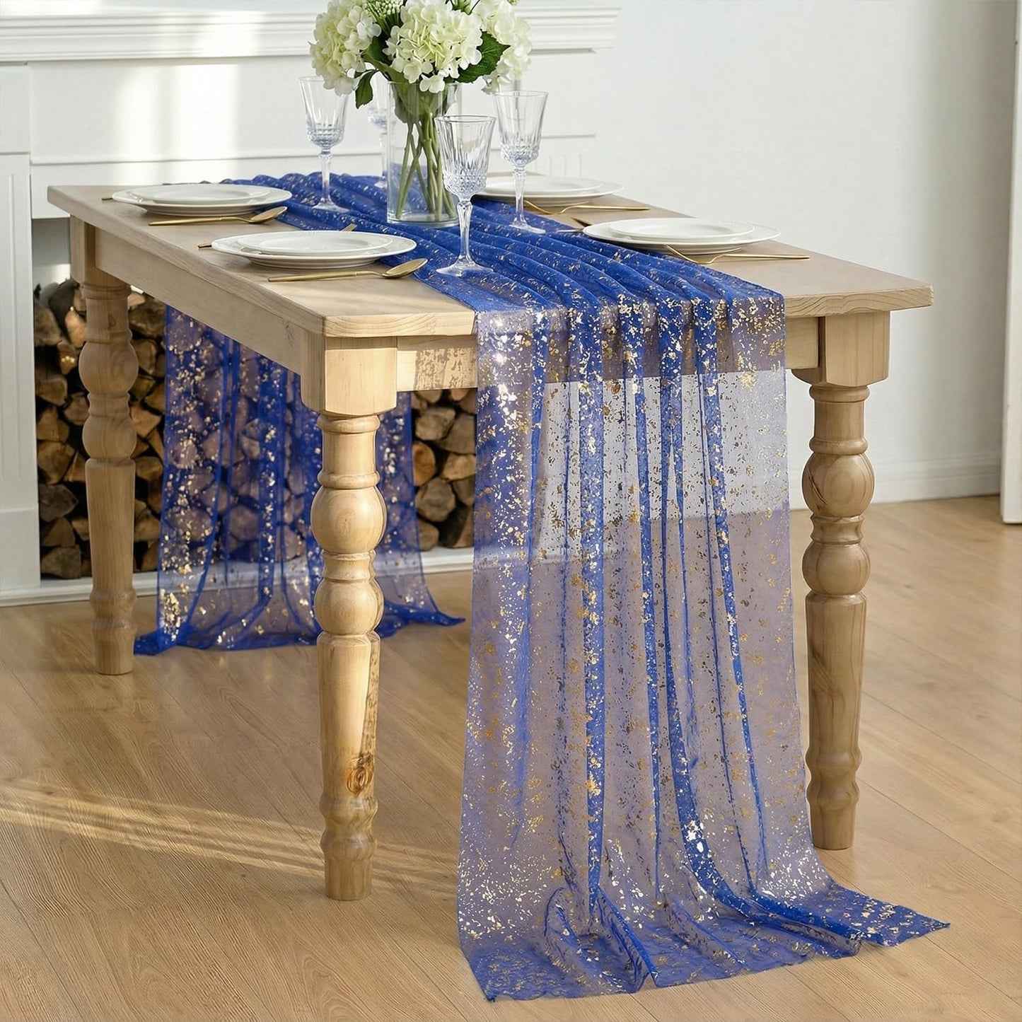 Artoid Mode Beige Gold Gauze Table Runner 120 Inch 10FT, Glitter Metallic Foil Sheer Dining Wedding Anniversary Holiday Birthday Table Decor for Home Party