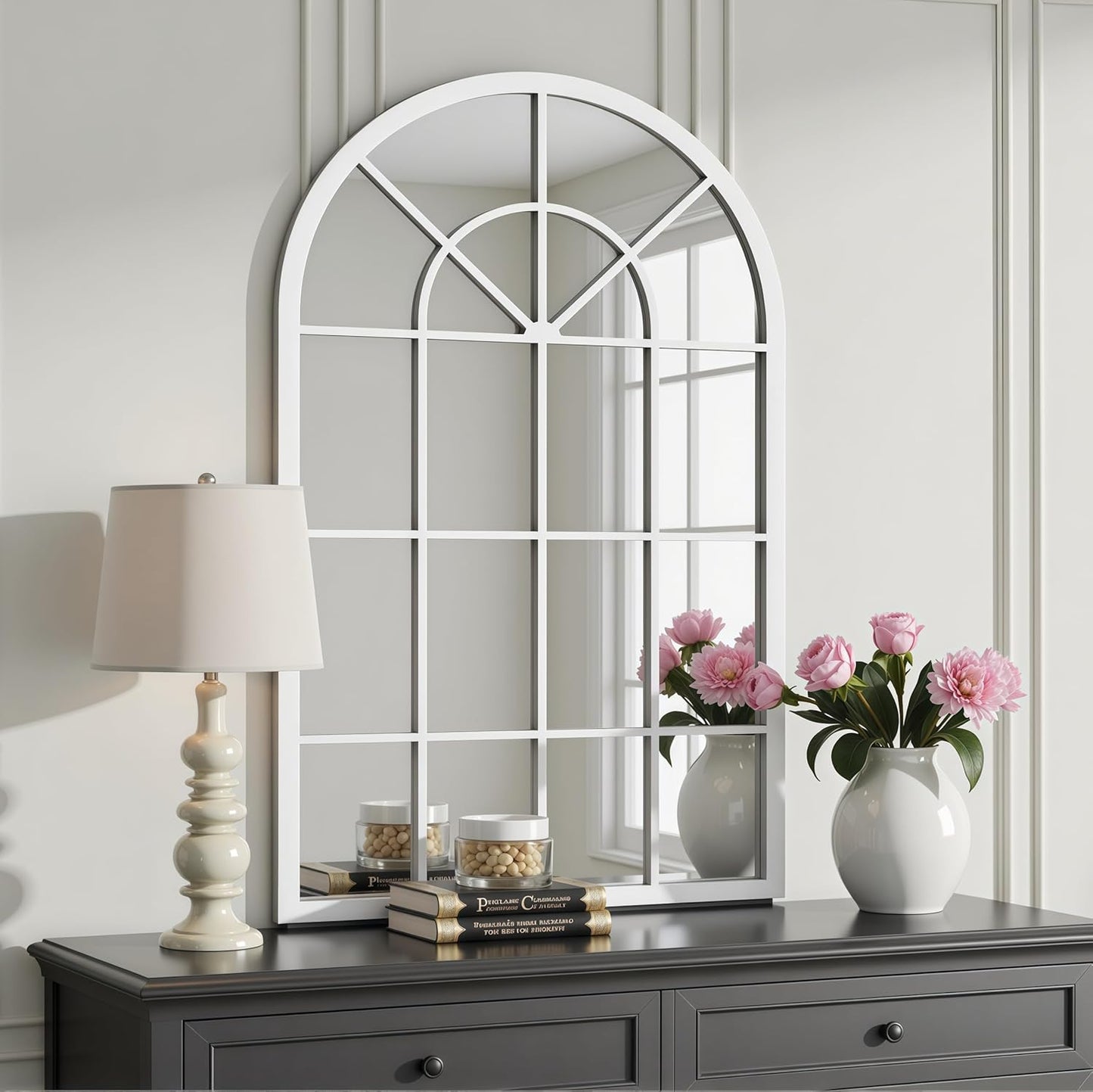 Dewfig 65"x 22" Arched Window pane Full Length Mirror, Wall Mirror, Floor Standing Mirrors, Farmhouse Long Full Body Mirrors Wall Mounted for Living Room, Bedroom, Entryway, Fireplace, Black