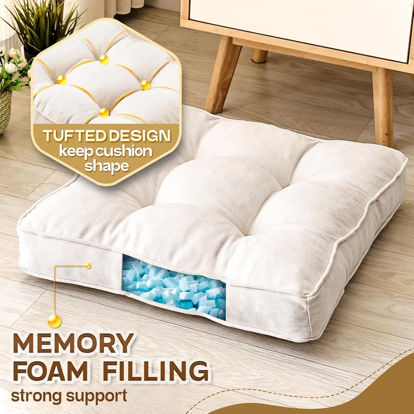 1 MIDDLE ONE Floor Pillow Set of 2, Memory Foam Floor Cushions for Adults, Large Meditation Pillow for Sitting, 22 x 22 Inches (Square | Grey)