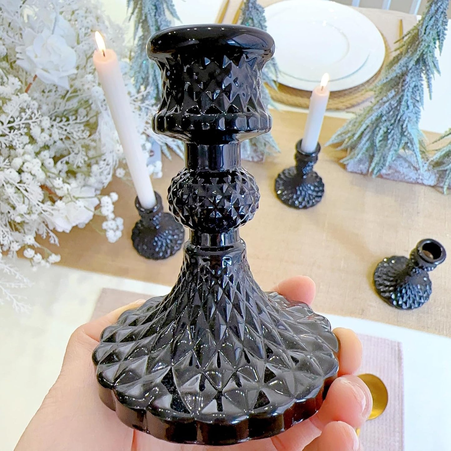 Glass Candlestick Holder,Striped Taper Candle Holders,Set of 6 Candle Stand for Table Centerpieces, Home Decor,Weddings,Festival and Parties (Clear Stripe Pattern)