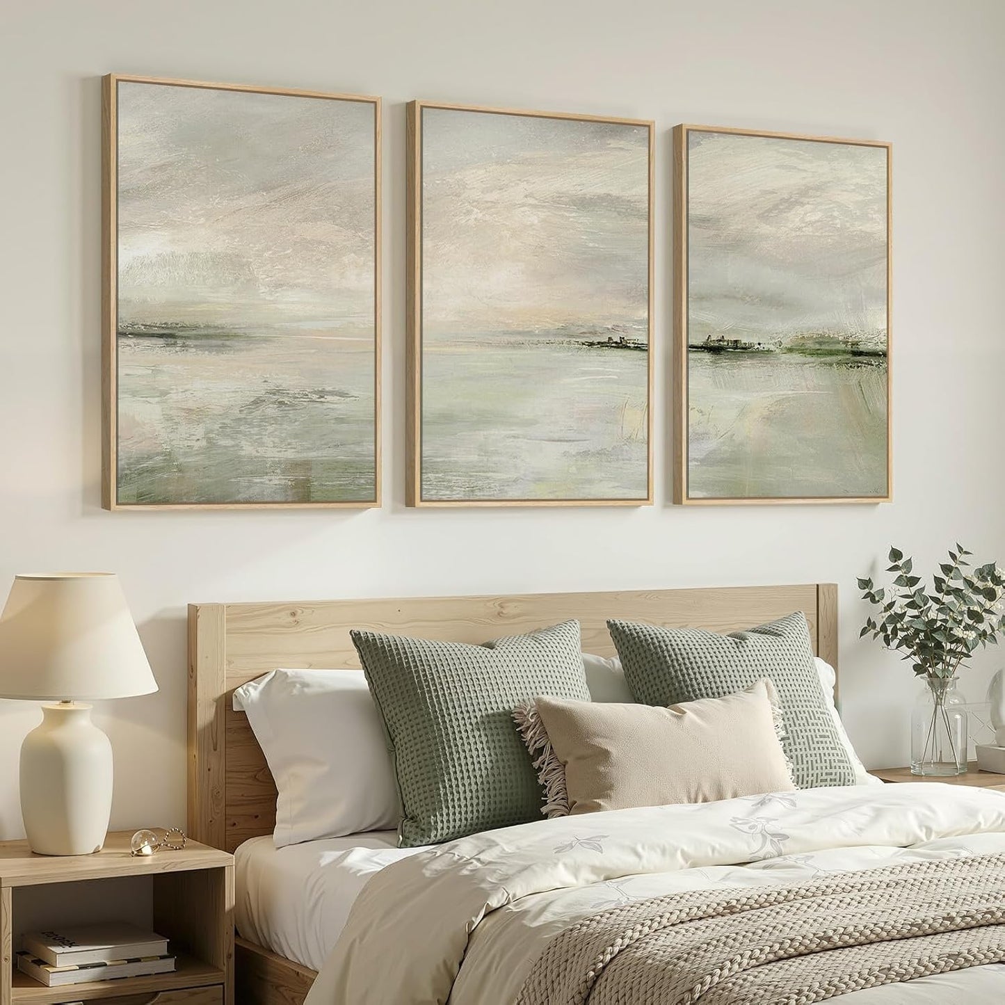 Large Framed Abstract Nature Landscape Wall Art for Living Room, Set of 3 Modern Canvas Prints Paintings Artwork for Walls, Green Lake Pictures for Hallway, Dining Room, Office Wall Decor 24x36 Inch