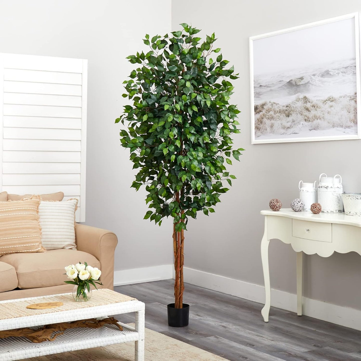 Nearly Natural 4ft Triple Trunk Ficus Silk Tree with Natural Wood Trunks and Dense Foliage, Mid-Size Faux Floor Plant for Home and Office