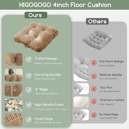 HIGOGOGO 6" Extra Thick Floor Pillow Cushion for Adults, Meditation Cushion Pillow, Large Square Floor Sitting, Tufted Corduroy Cover, for Tatami Living Room or Yoga, 22x22 Inch, 2Pack, Dark Grey