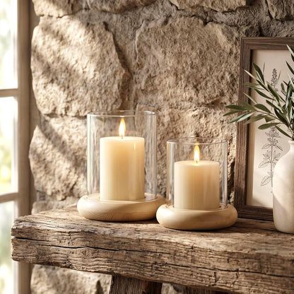 Set of 2 Black Hurricane Candle Holders with Wood Base, Modern Windproof Glass Cylinder Lantern, Farmhouse Pillar Candle Holder Decor for Table Centerpieces, Living Room, Patio & Kitchen Dining