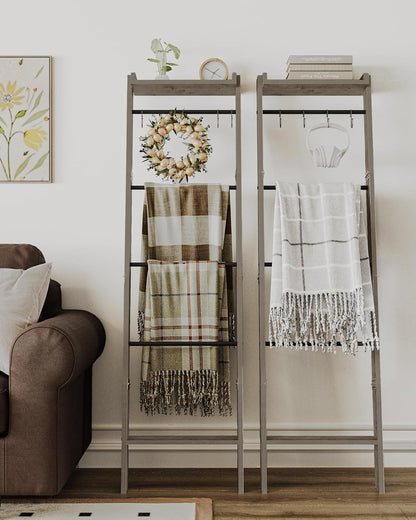 Hzuaneri Blanket Ladder Shelf, Decorative Quilt Rack, 6-Tier Farmhouse Ladder Holder Organizer with 4 Removable Hooks 7.9" D x 17.3" W x 63.4" H, Rustic Brown BR35801B