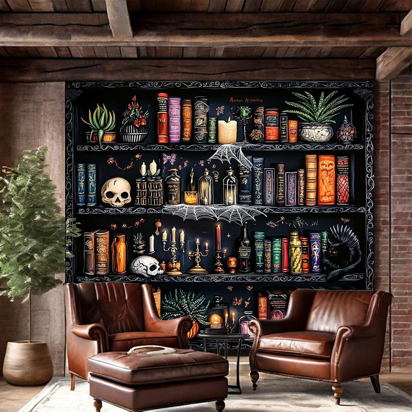 Algasan Magic Bookshelf Tapestry Magical Book Tapestry Gothic Witchy Vintage Library Skull Potion Black Cat Candle Botanical Backdrop for Bedroom Living Room Dorm 59.1 x 51.2 Inches