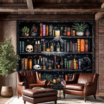 Algasan Magic Bookshelf Tapestry Magical Book Tapestry Gothic Witchy Vintage Library Skull Potion Black Cat Candle Botanical Backdrop for Bedroom Living Room Dorm 59.1 x 51.2 Inches