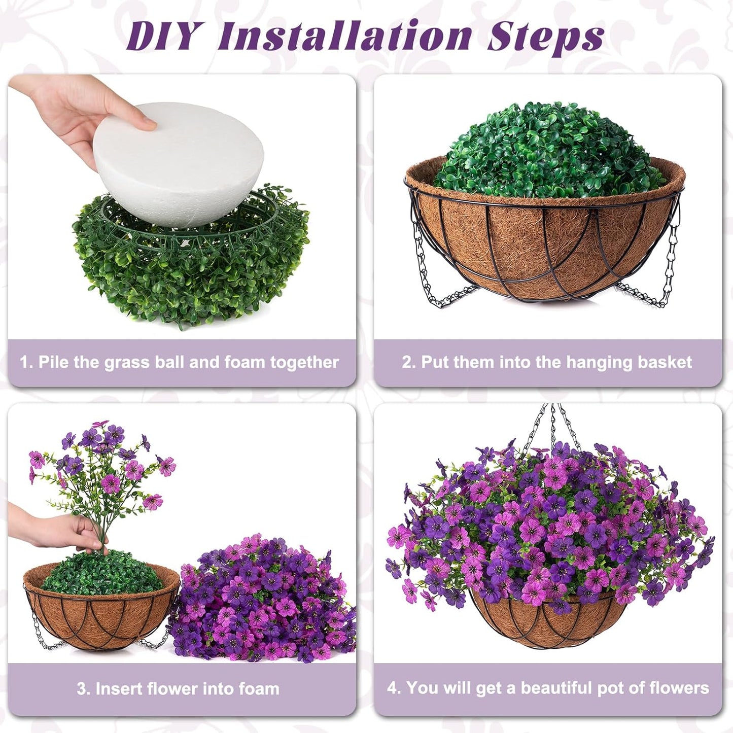 Artificial Silk Flowers Hanging Basket for Outdoor Indoor, Daisy with Eucalyptus Leaves Arrangement for Garden Yard Spring Summer Decor, Faux Green Plant in Metal Coconut Lining Pot(Red Purple)