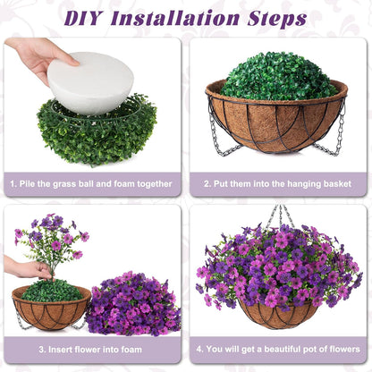 Artificial Silk Flowers Hanging Basket for Outdoor Indoor, Daisy with Eucalyptus Leaves Arrangement for Garden Yard Spring Summer Decor, Faux Green Plant in Metal Coconut Lining Pot(Red Purple)