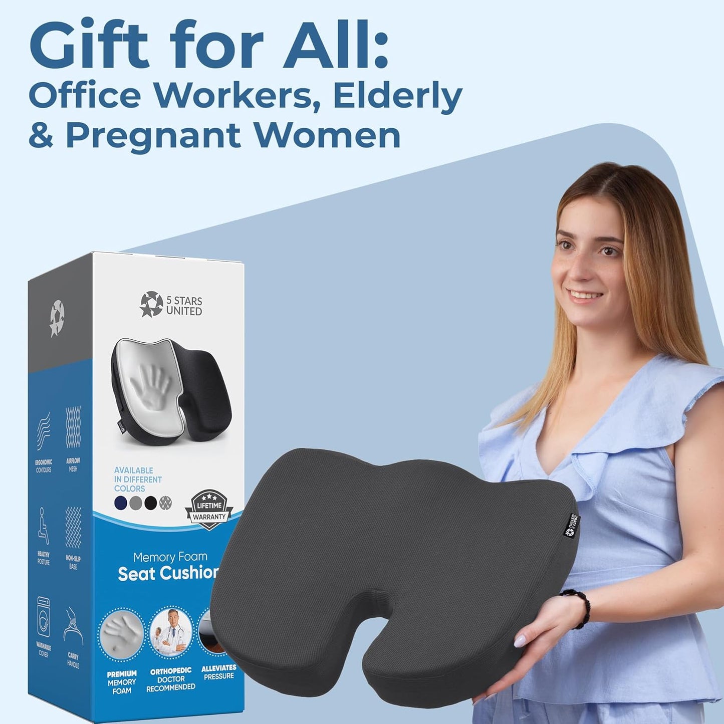 5 STARS UNITED Seat Cushion - Memory Foam Chair Cushion for Tailbone Pain Relief - Ergonomic Support for Coccyx, Sciatica & Butt - Office, Desk & Gaming Chair, Car Seat, Wheelchair, Airplane, Black