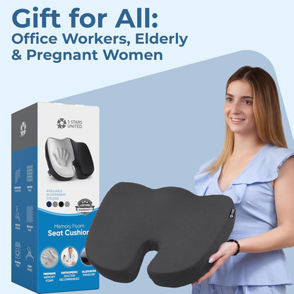 5 STARS UNITED Seat Cushion - Memory Foam Chair Cushion for Tailbone Pain Relief - Ergonomic Support for Coccyx, Sciatica & Butt - Office, Desk & Gaming Chair, Car Seat, Wheelchair, Airplane, Black