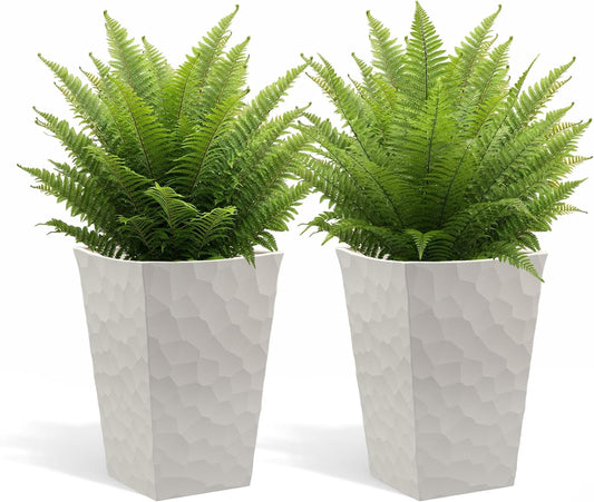 Keter Set of 2 Resin Modern Outdoor 22 Inch Tall Large Flower Pots, Tapered Wood Look Planters for Outdoor Plants and Front Porch Decor, Graphite