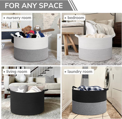 INDRESSME XXXLarge Blanket Basket for Living Room 21.7" x 21.7" x 13.8"-Storage Basket with Handle for Organizing Toy Pillows Woven Cotton Rope Laundry Basket Stuffed Animal Toy Storage for Play Room