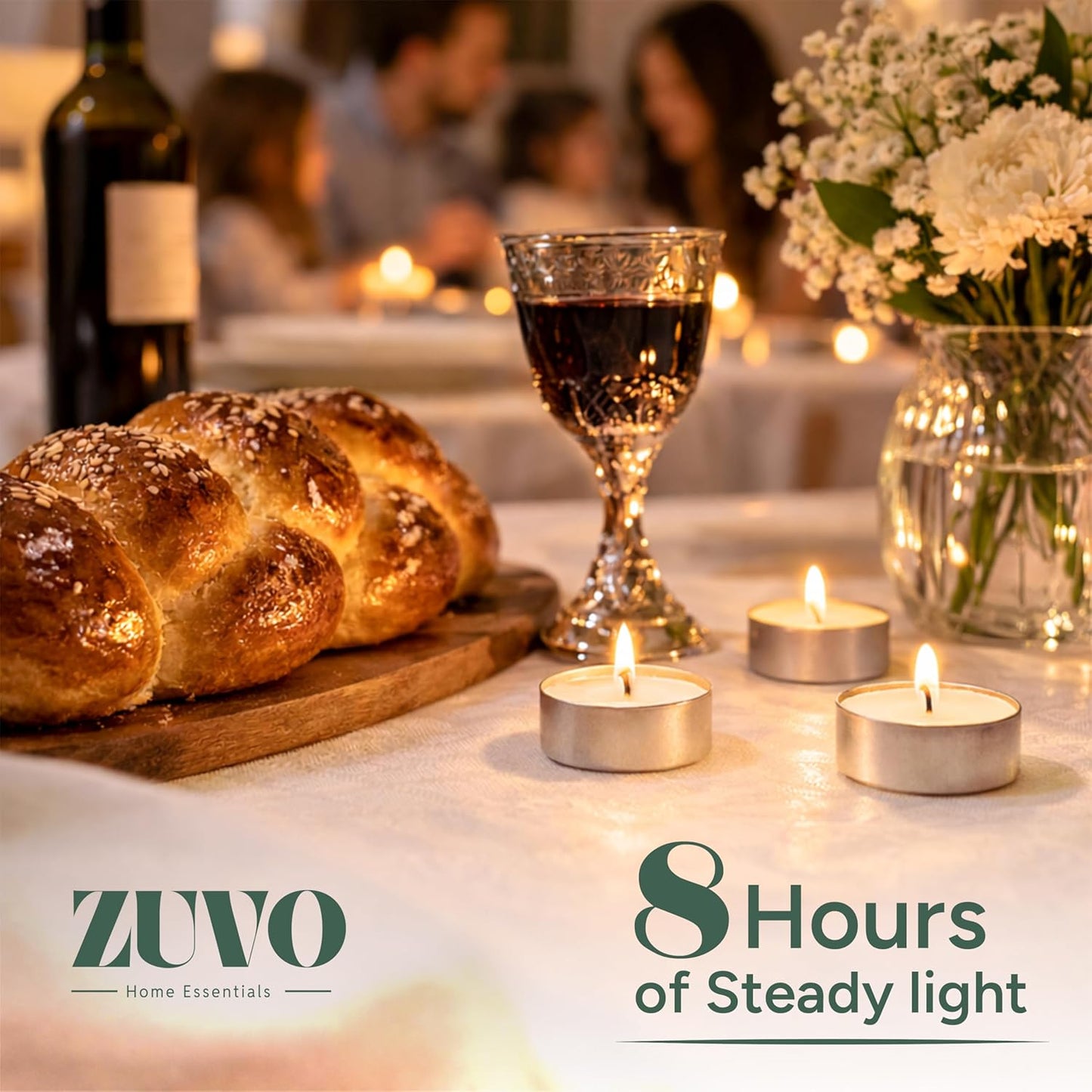 Zuvo Tea Lights Candles 8 Hour Burn (50 Pack) - Unscented White Tealight Candles, Long Burning Smokeless Tea Lights for Weddings, Home, Shabbat, Emergency - European Made, Lead-Free Cotton Wick
