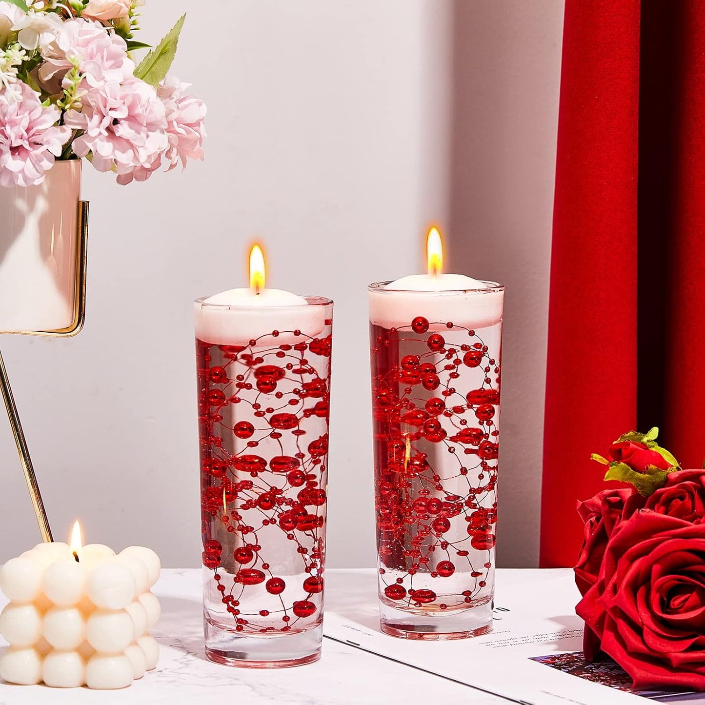 Tondiamo 24 Pcs Artificial Pearl String for Floating Candle Faux Pearls Beads String Garland Centerpiece Decoration for Vases Filler Wedding Spring Holiday Party Decor(Gold)